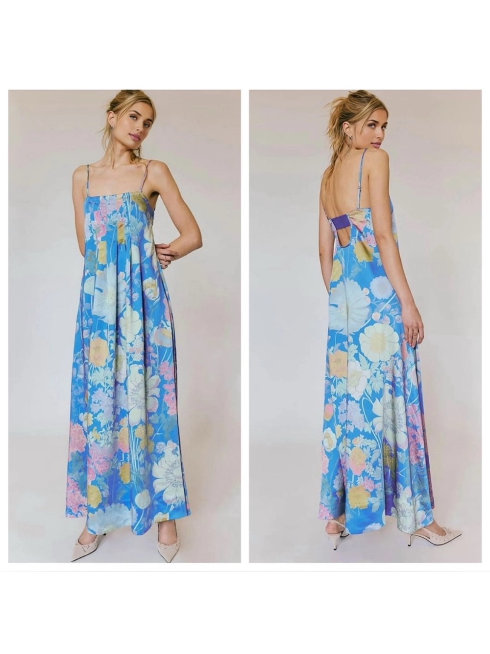 Blue Satin Botanical Floral Maxi Slip Dress Adjustable Spaghetti Straps Small